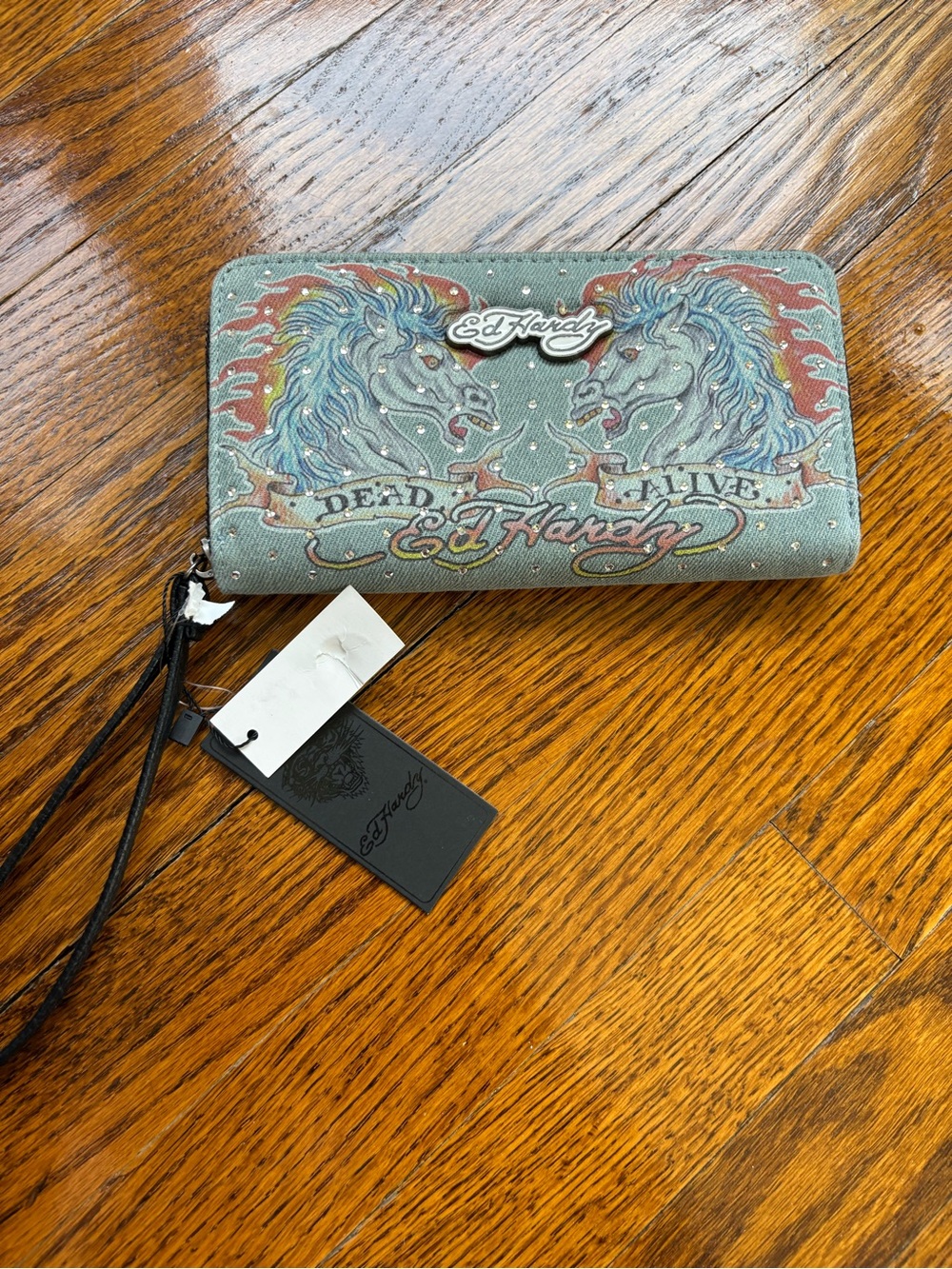 Ed Hardy Blue Graphic Lion Zip Wallet with Wrist Strap